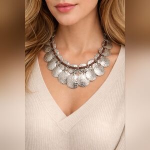 RLM Studio SOHO Hammered Silver Disc Bib Necklace Brown Leather